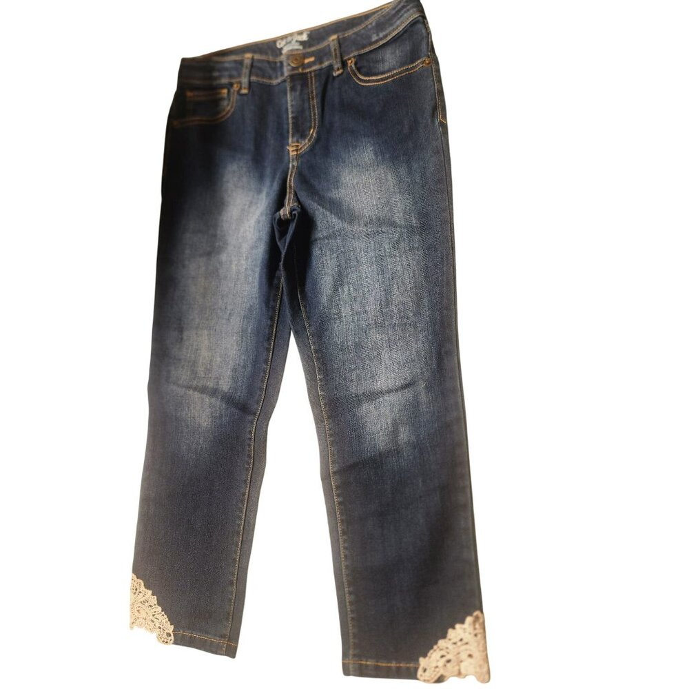 Cat & Jack Girls Denim Capri With Lace Hem adjustable waist button sz 14